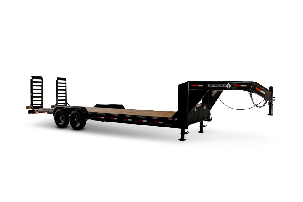 Diamond T SKP1408 Skid-Pro equipment trailer in gooseneck configuration, showing the raised gooseneck arm and coupler