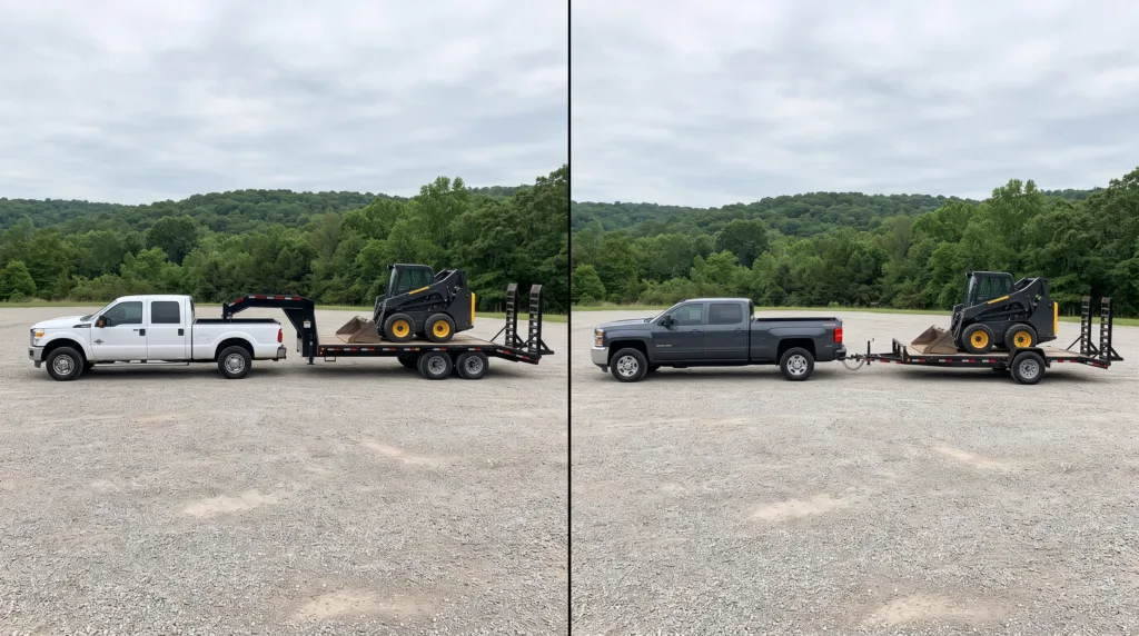 Gooseneck equipment trailer hitched in a pickup bed next to a bumper pull equipment trailer on a receiver hitch, both loaded with skid steers